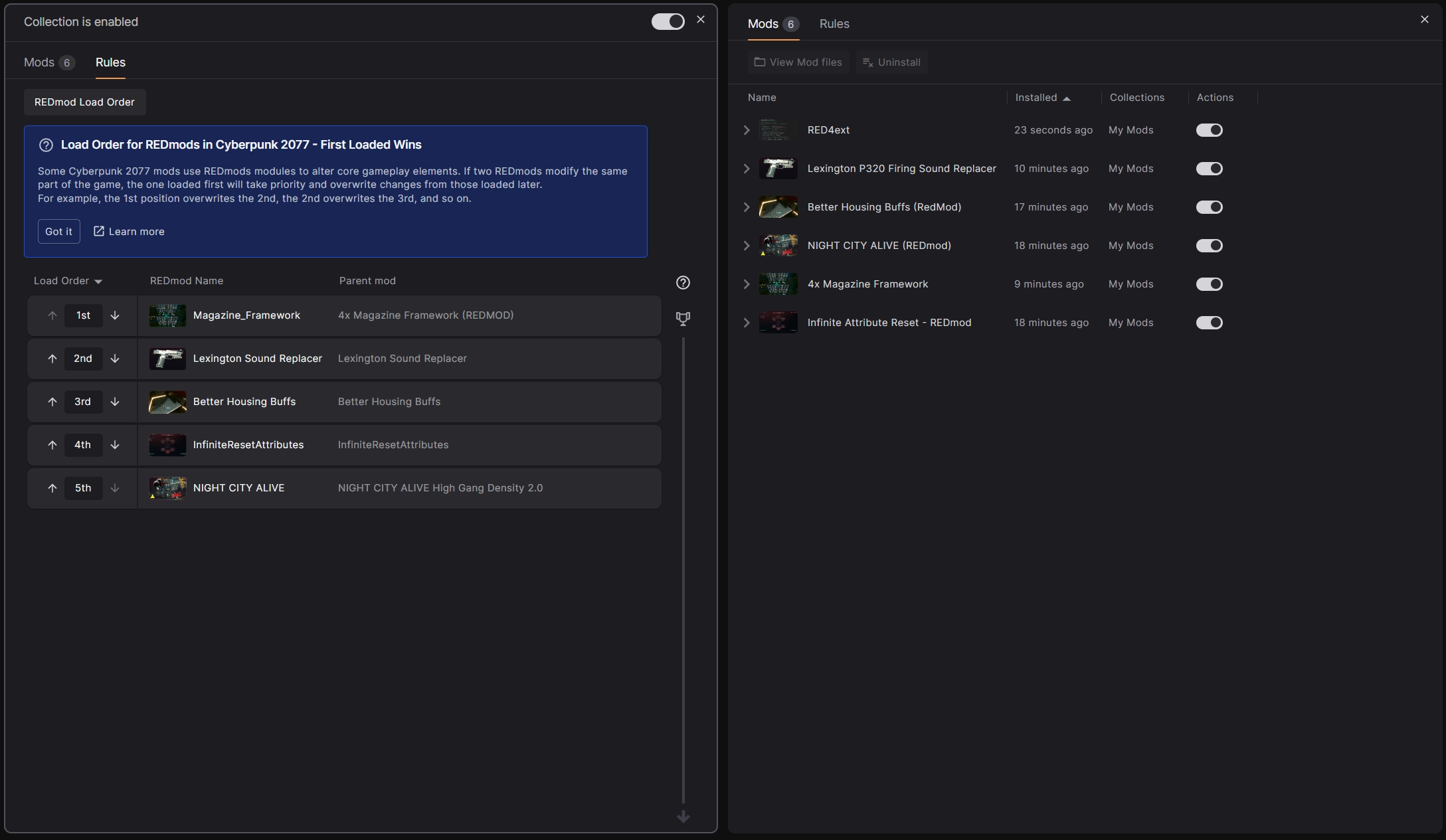 REDmod Load Order for Cyberpunk 2077.