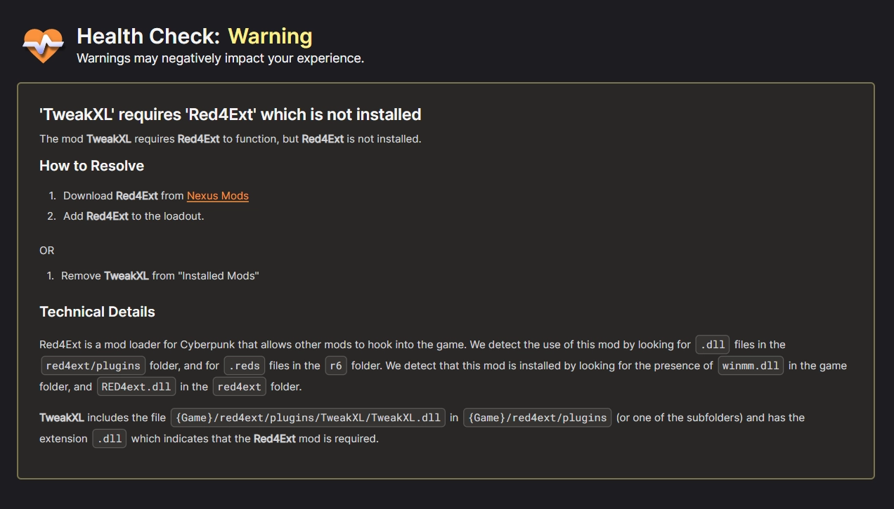 An example Health Check message prompting the installation of a missing mod.