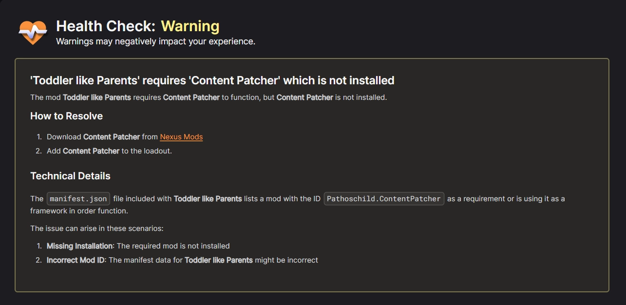 An example Health Check message prompting the installation of a missing mod.