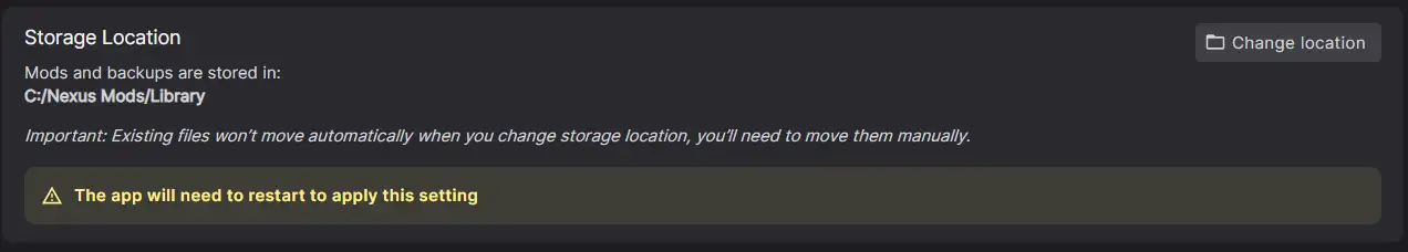The Storage Location option on the settings screen.