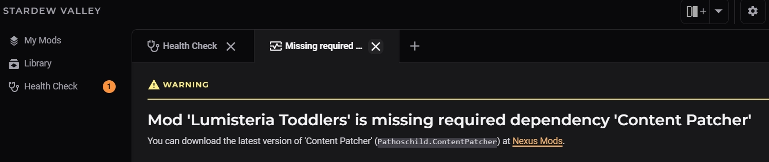 An example Health Check message prompting the installation of a missing mod.