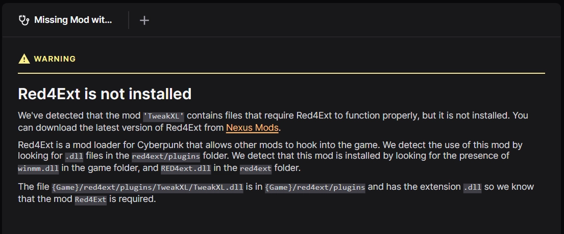 An example Health Check message prompting the installation of a missing mod.