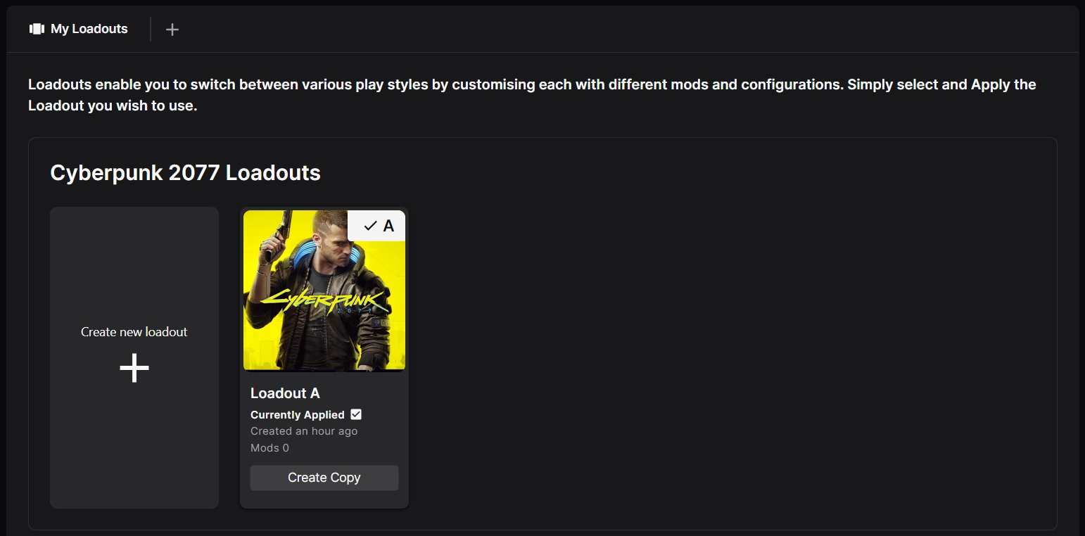 The My Loadouts screen showing a single loadout for Cyberpunk 2077