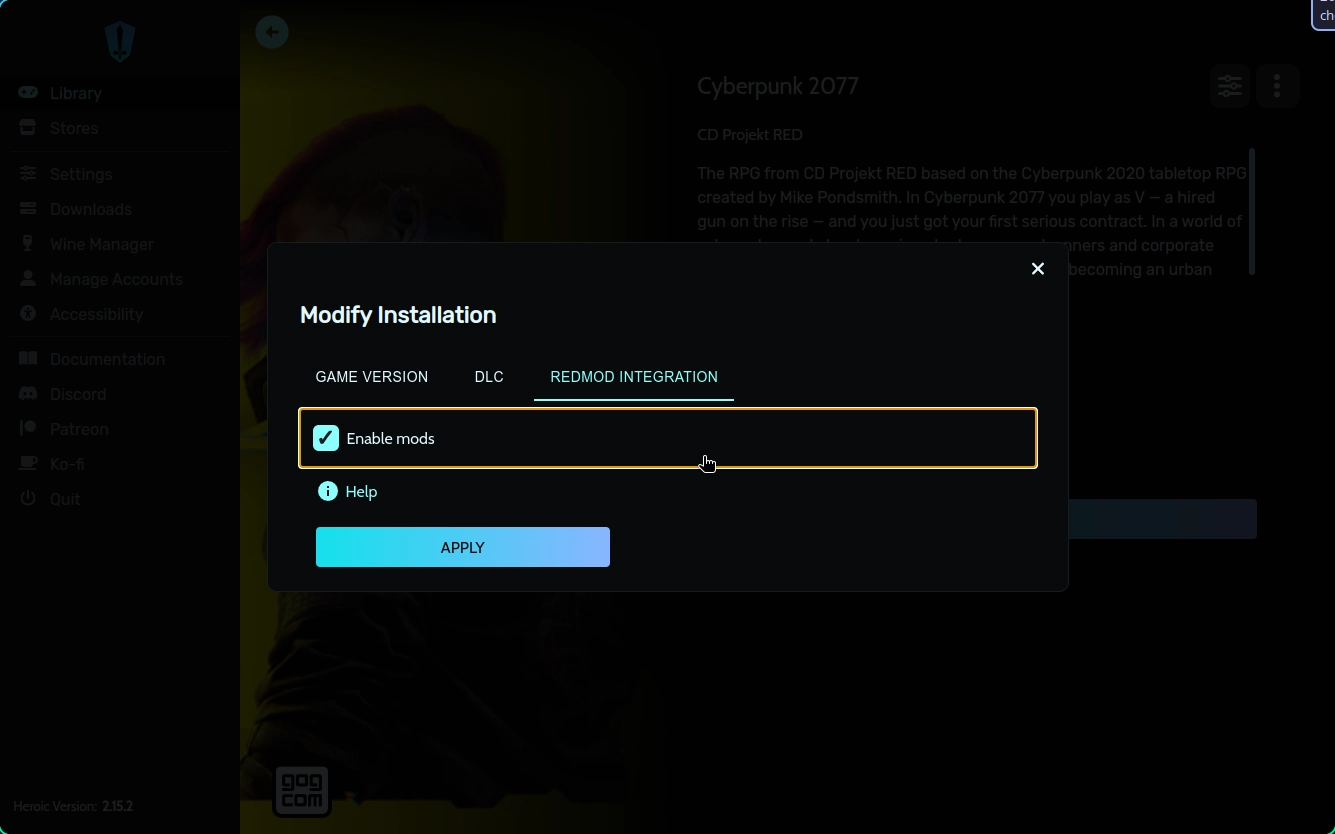 The option to "Enable Mods" is under "REDmod Integration" in Heroic Launcher