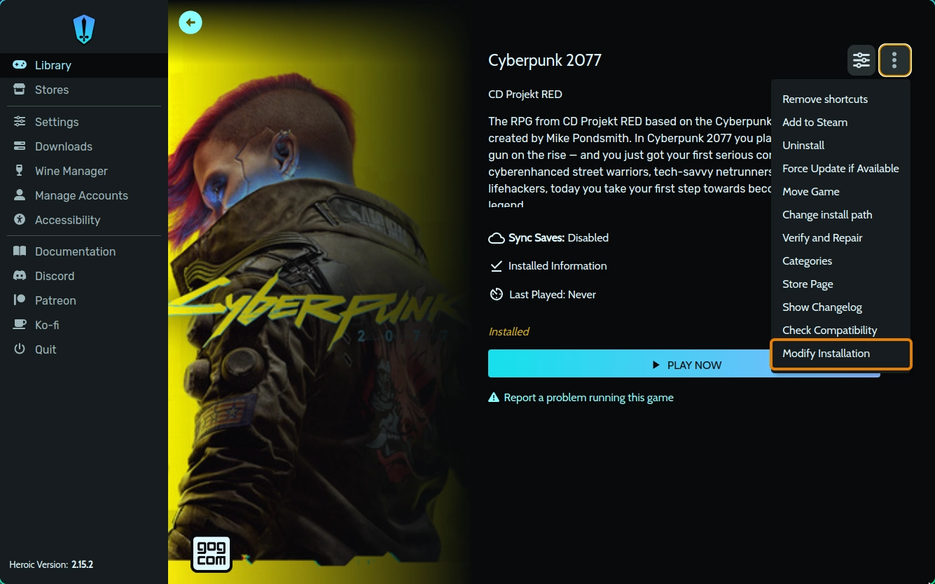 The option to "Modify Installation" is under the options menu when viewing a game in Heroic Launcher