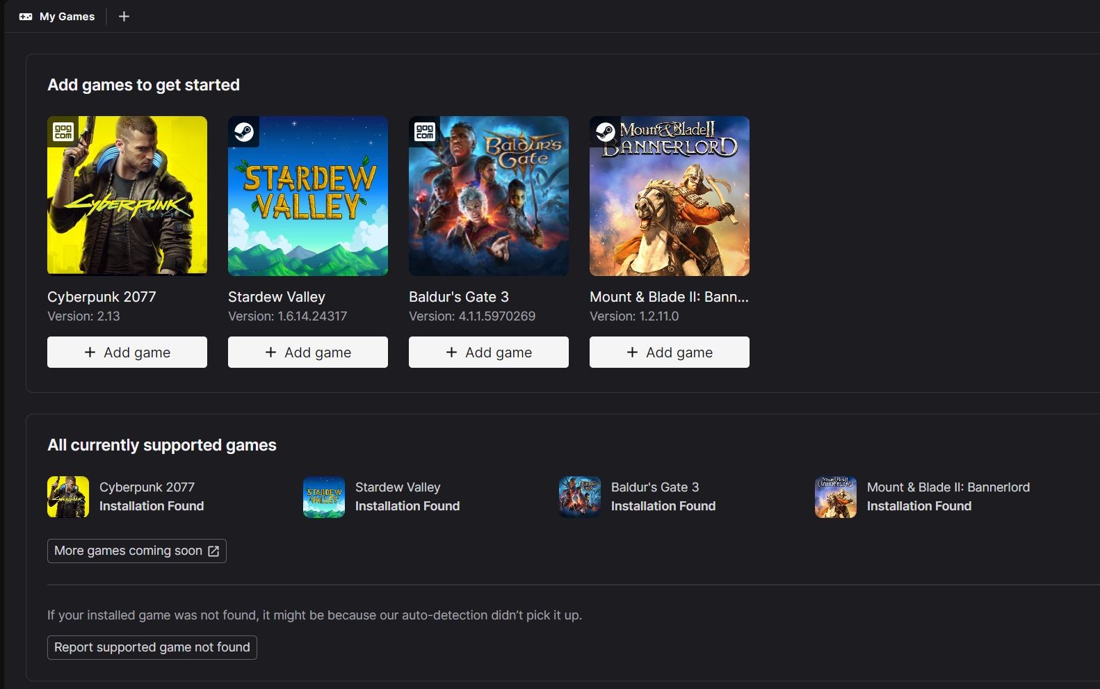 The My Games screen with Stardew Valley, Cyberpunk 2077, Baldur's Gate 3 and Bannerlord unmanaged.