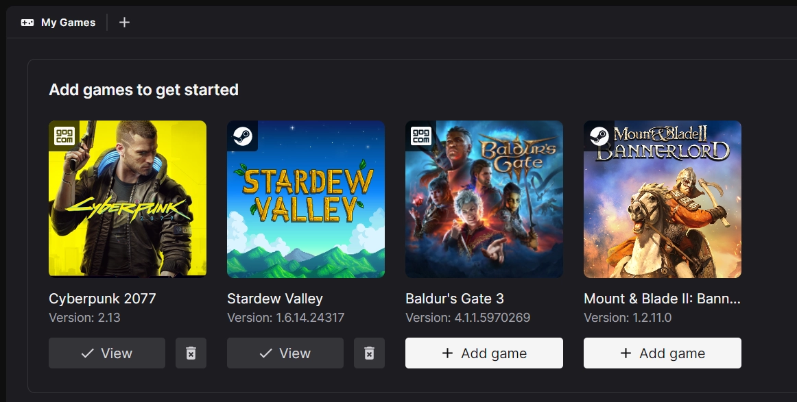 The My Games screen with Stardew Valley and Cyberpunk 2077 managed.