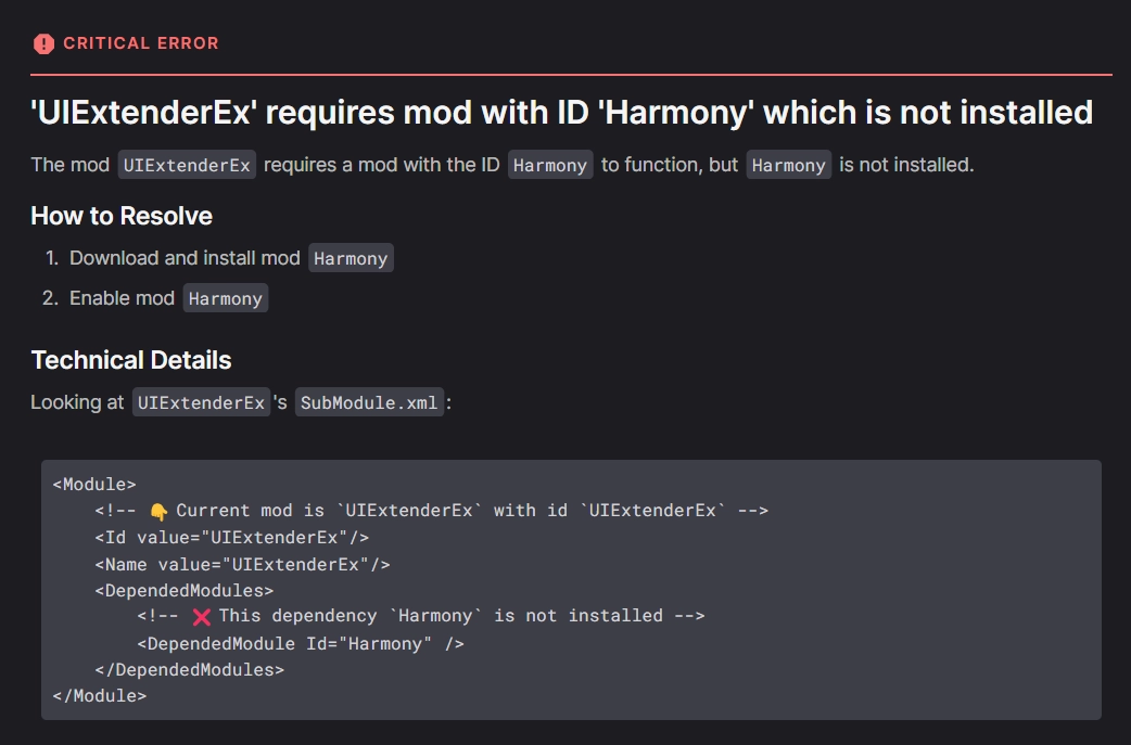 An example Health Check message prompting the installation of a missing mod.