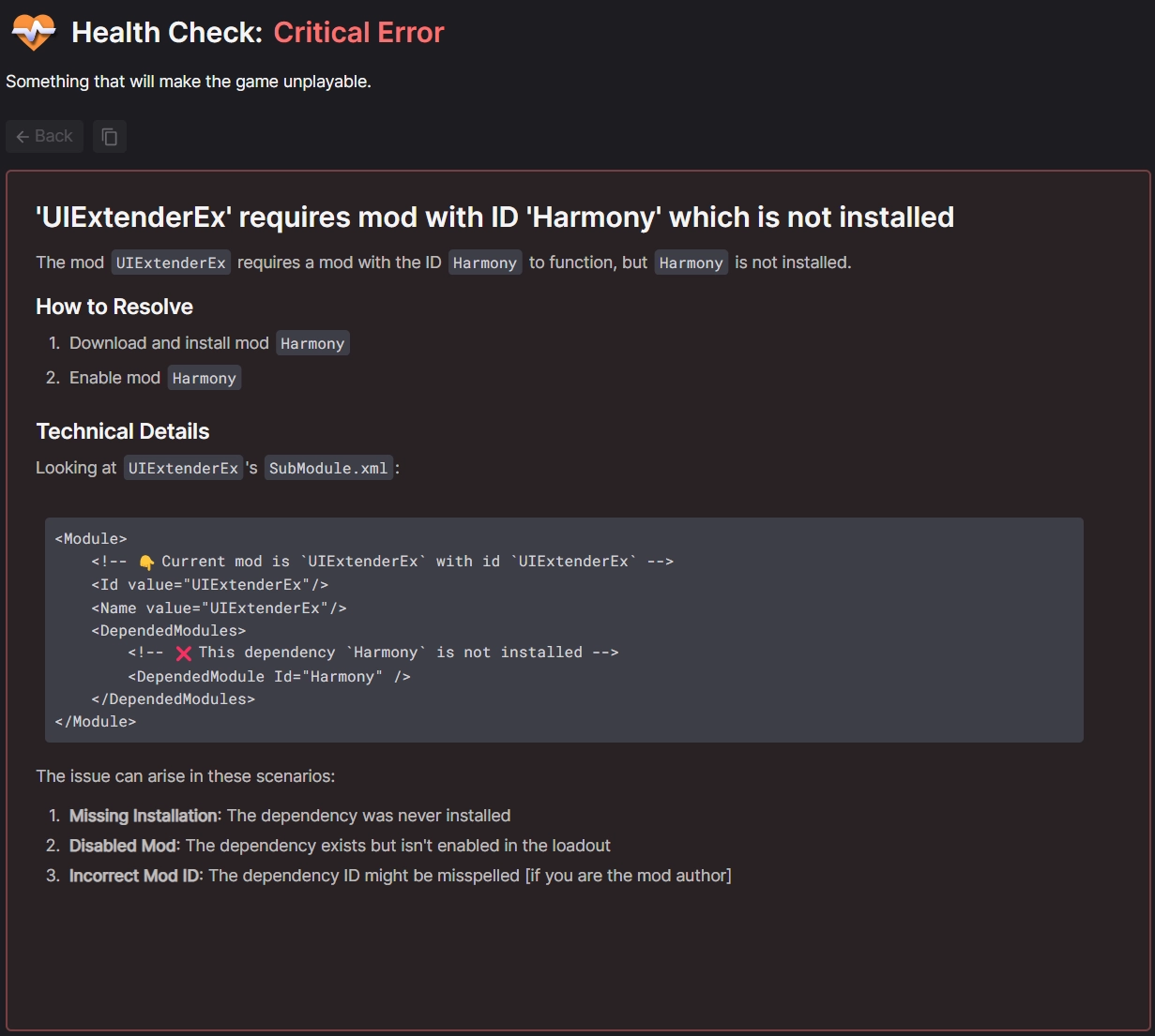 An example Health Check message prompting the installation of a missing mod.