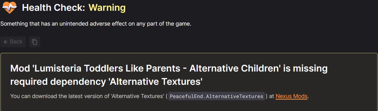 An example Health Check message prompting the installation of a missing mod.