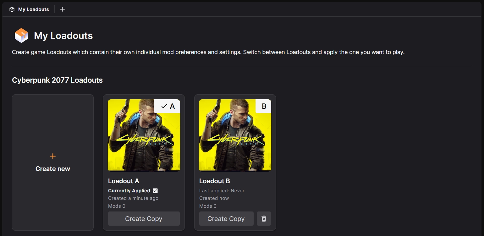 The My Loadouts screen showing a multiple loadouts for Cyberpunk 2077