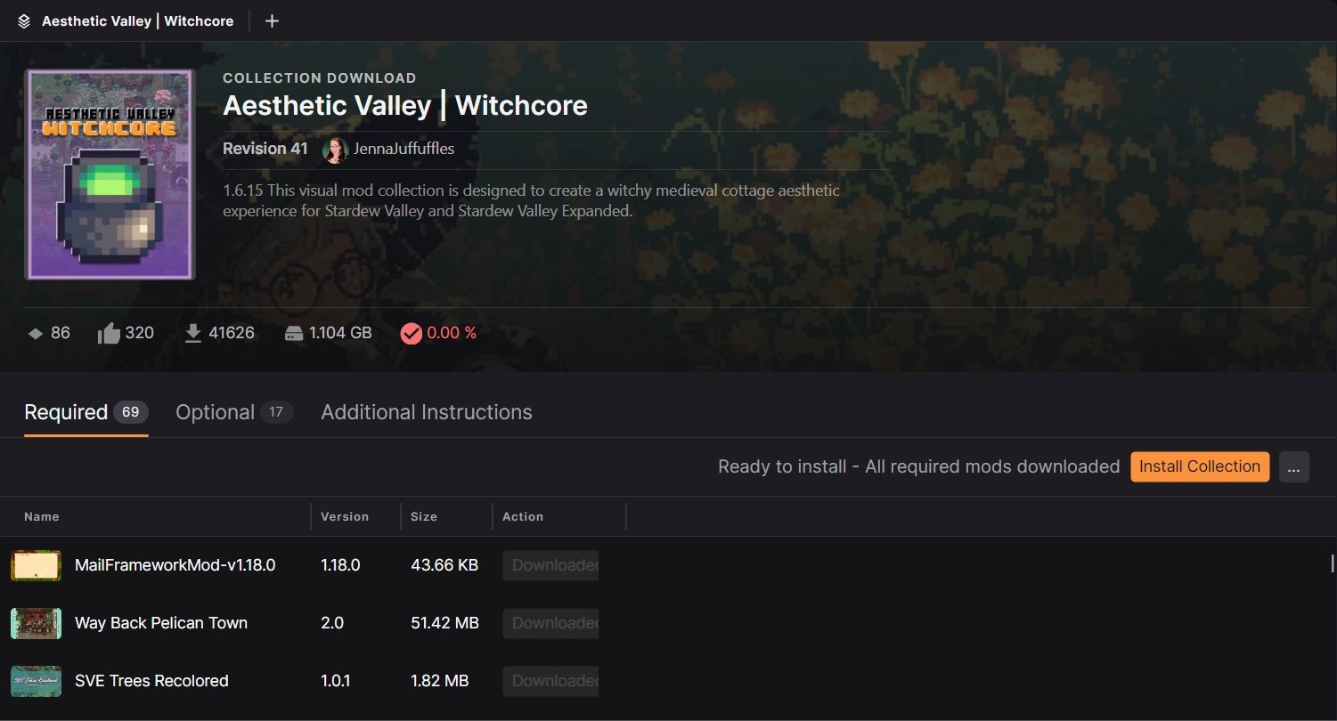 The Collection Download page with all mods downloaded and ready install.