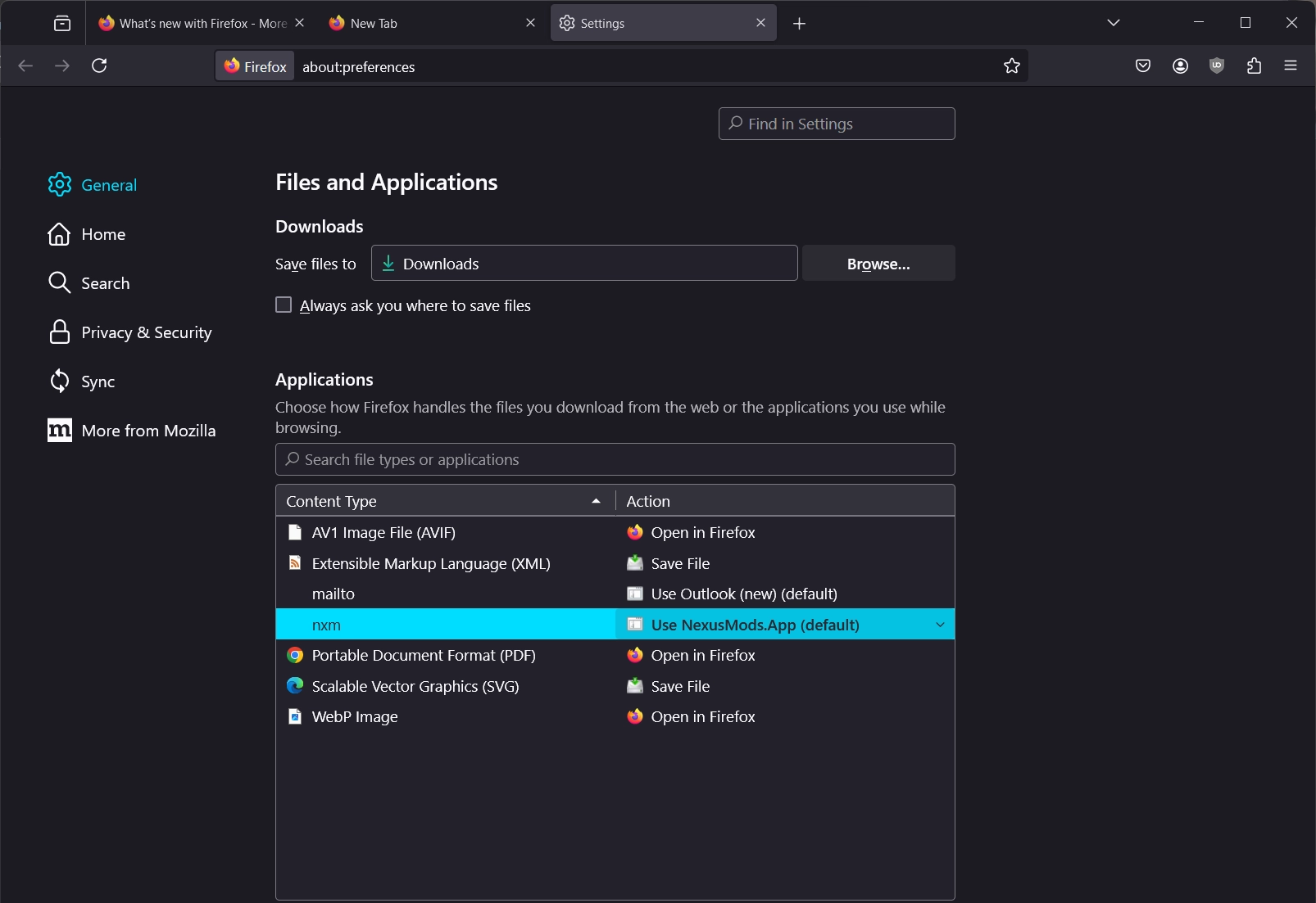 The settings page in Mozilla Firefox 127.0.1 showing the Files and Applications section