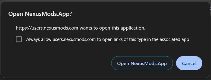 The prompt shown in Google Chrome asking users to open an NXM link with the app