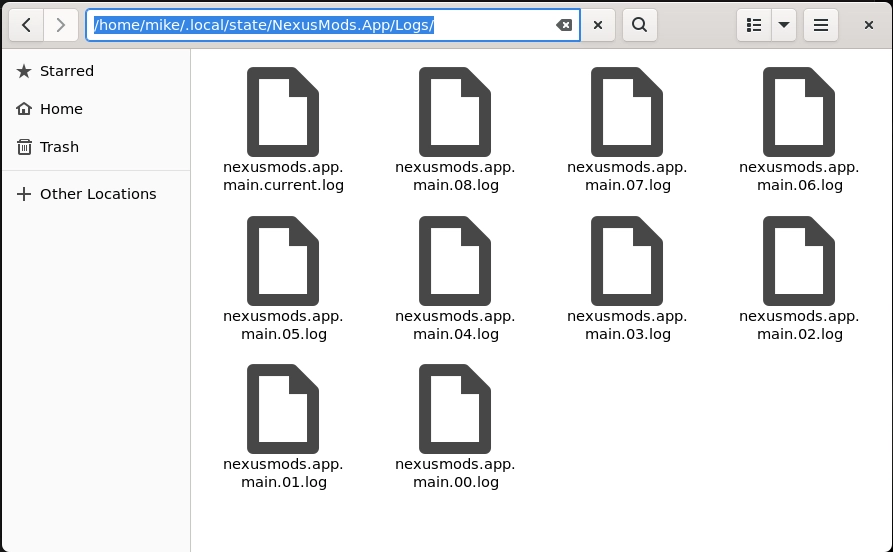 The file explorer in Ubuntu pre-filled with /home/mike/.local/state/NexusMods.App/Logs/