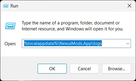 The Run dialogue in Windows pre-filled with %LOCALAPPDATA%\NexusMods.App\Logs