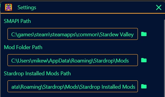 The Stardrop settings popup.